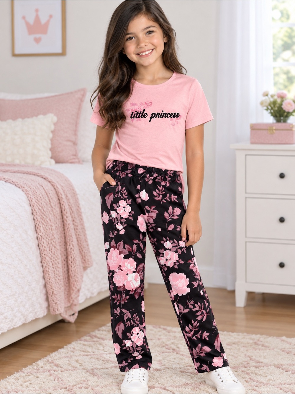 Kids Pink 'Little Princess' Pajama Set with Black Floral Pants